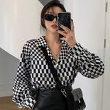 Thanksgiving Gift Korean Fashion Plaid Print Oversize Blouse Women Vintage Long Sleeve Shirt Tops Casual Outwear Checkered Female Clothes