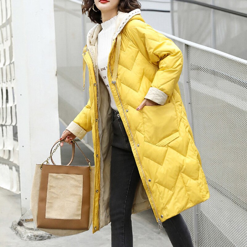 Black Friday Sales Autumn Winter Women Ultra Light Knitted Hooded White Duck Down Long Parka Casual Female Loose Warm Down Coat Outwear