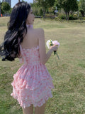 Kukombo Casual Floral Sexy Dress Women 2022 Summer Pink Sleeveless Patchwork Mini Dresses Female Elegant Party Holiday Slim Korean Dress