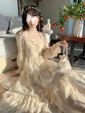 Kukombo Court Vintage Fairy Dress Women Sweet Ruffles High Waist Elegant Princess Dress Female Summer Casual Classy Party Dress New
