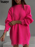 Kukombo 2022 Winter Y2K Fashion Loose Knitted O Neck Long Sleeve Black Pullover Tops Sexy Women Party Oversized Sweater Dresses