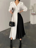 Kukombo Women Elegant Patchwork A-Line Midi Black White Dress OL Pleated Long Sleeve Spring Autumn Vestidos Female Fashion Clothes
