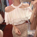Kukombo  Off Shoulder Halter Sexy Chiffon Blouse Women 2022 Korean Ruffles Summer Woman Shirt Short Sleeve Solid Loose White Black Tops