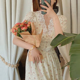 Kukombo Vintage Floral Dress Women Elegant Lace Chiffon Korean Party Dress Puff Sleeve V Neck Midi Dress Fall Dresses for Women 2023