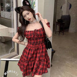 Kukombo Dresses Woman Plaid Casual Streetwear Sweet Ladies Puff-Sleeve Fashion Korean Style Cute Simple Ins Retro All-Match New Summer