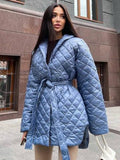 Kukombo 2023 New Winter Wear Women Parker Cotton Coat Medium Long Overcoat Slim Tie Lapel Pattern Elegant Quilted Overcoat