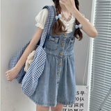 Kukombo  Kawaii Strap Denim Short Dress Girls Overalls Summer Fashion High Waist Jeans Clothes Vintage Bow Casual Sleeveless Doll Dresses