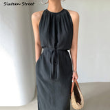 Kukombo Sleeveless Black Solid Dress Women 2022 Summer High Waist Chic Long Dress Vestidos Korean Fashion Business OL Clothing