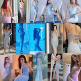 Kukombo Sexy Beachwear Holiday Spring Knitted Sweater Dress Women Spaghetti Strap Strapless Backless Lace Up Dresses Female Lace Up Robe