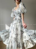 Kukombo Midi Dress Women Summer 2023 New Puff Sleeve Square Collar Vintage Slim Evening A-line Dresses Ladies Vestidos Female Clothing