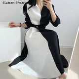 Kukombo Chic Patchwork Khaki Dress Woman Turn-Down Collar Fall 2022 Korean Elegant Bodycon Dress Female Runway Business Maxi Dresses