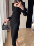 Kukombo Women Fashion Elegant Bodycon Slim Black Dress Long Feather Sleeve Vintage Solid Evening Party Club Vestidos Female Robe New