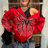 Kukombo Y2k Emo Women Streetwear Hoodie Spider Web Red Zip Up Hoodies Grunge Oversized Sweatshirt Gothic Harajuku Alt Jackets Clothes