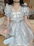 Kukombo Kawaii Lolita Fairy Dress Women 2022 Summer Patchwork Japanese Sweet Party Dress Female Bow Lace Retro Korean Fashion Mini Dress
