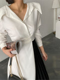 Kukombo Women Elegant Patchwork A-Line Midi Black White Dress OL Pleated Long Sleeve Spring Autumn Vestidos Female Fashion Clothes