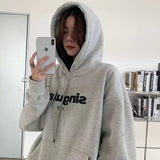Kukombo Black Friday Sales Grey Hoodie Women Plus Size Letter Print Sweatshirt Loose Street Lazy Style Casual Autumn And Winter Pullover