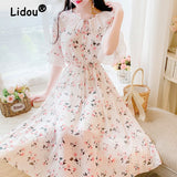 Kukombo 2022 Ruffled Peter Pan Collar Pink Floral Chiffon Dress Spring Summer Sweet Style Dress Korean Style Prairie Chic Casual Dress
