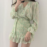 Kukombo  Korean Chic Spring French V-Neck Halter Lace-Up Dress Smudge Print Waist-Show Pleated Hip Dress Short Dress