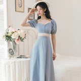Kukombo French Puff Sleeve Court Style Cream Blue Princess Dress Women Summer Short Sleeve Fairy Dresses Retro Ladies Elegant Midi Dress