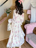 Kukombo Sashes Chiffon Sweet Dress Women Print Korean Fashion Floral Dress Female Flare Sleeve Patchwork Party Retro Dress Women