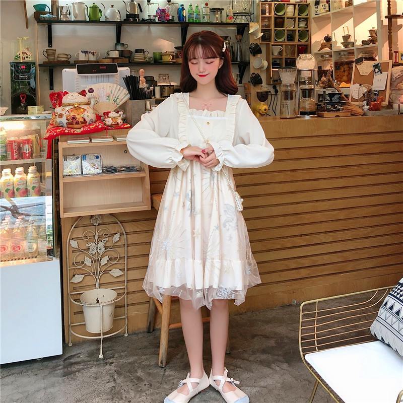 Kukombo Hstar Women Bow Japanese Lolita Sweet Dress Pink  Blue Op Harajuku Fairy Mesh Dress Alice In Wondeland Long Sleeves Vestidos