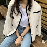 Kukombo Back to school outfit Sweet Chic Coat Woman 2023 Autumn Korean Vintage Contrast Color Single Breast Loose Long Sleeves Versatile Short Jacket