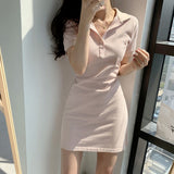 Kukombo Dresses Women Girlish Harajuku Mini Casual Femme Turn Down Collar Soft Tender Streetwear Korean Slim Sweet Sexy Summer Basic Ins