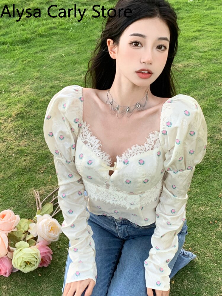 Kukombo 2022 Summer Sexy Party Floral Blouse Women Elegant Bodycon Chic Beach Casual Tops Female Lace Korean Boho Holiday Chiffon Blouse