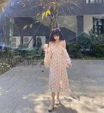 Kukombo France Floral Sweet Dress Women Summer Print Elegant Party Midi Dresses Chiffon Lace Split Casual Holiday Korean Dress 2024 New