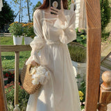 Kukombo  2022 Summer Chiffon Fairy Midi Dress Women Casual Long Sleeve French Vintage Dress Party Female Elegant One Piece Dress Korean