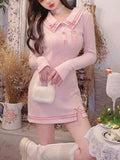 Back to school outfit Kukombo 2023 Japanese Pink Sweet Kawaii Dress Women Bodycon Elegant Sexy Party Mini Dress Female White Knit Casual Korean Fashion Dress K117