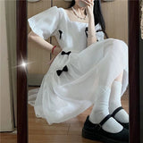 Kukombo Hstar French Square Neck Puff Sleeve Dress Women Mesh Bow Loose Long Summer New Purple Dresses Female Traf Платье Женское Robe