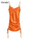 Graduation Gift Big Sale Orange Red Sexy Women Party Ruched Satin Dress Club Mini Drawstring Short Summer Solid Fashion Silk Dress Straight Dropshipping
