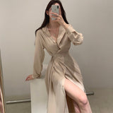 Kukombo Chic Slim Waist Shirt Dress Woman Clothes Single-Breasted Sexy Split Long Dresses Female Korean Khaki Black 2022 Spring Clothing