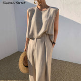 Kukombo Khaki Chic Sleeveless Tops And High Waisted Trousers Women Pant Sets 2022 Spring Summer Korean 2 Piece Sets Office Ladies