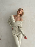 Kukombo Sexy Off Shoulder Knitted Two Piece Set Women Long Sleeve Sport Tracksuit 2 Piece Sweater Pants Suits Matching Sets For Women