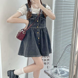 Kukombo  Kawaii Strap Denim Short Dress Girls Overalls Summer Fashion High Waist Jeans Clothes Vintage Bow Casual Sleeveless Doll Dresses