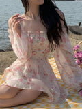 Kukombo  Floral Chiffon Dress Women Boho Beach Mini Dress Evening Party Office Lady Slim Elegant One Piece Dress Korean Summer