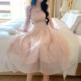 Kukombo Elegant Evening Party Midi Dress Women Bubble Sleeve French Vintage Sweet Dress Female Pink Korean Style Fairy Dress Autumn