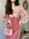 Kukombo Korean Style Elegant Chiffon Floral Print Pencil Dress Vintage Patchwork Design Puff Sleeve Office Lady Slim Midi Dresses