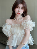 Kukombo New Style Square Neck Mesh Women Shirts Summer Puff Sleeve One Shoulder Ruffle Crop Tops Female