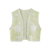Kukombo Vintage Floral Embroidery Open Waistcoat Women Chic National Style Vest Jacket Casual Patchwork V Neck Vacation Female Crop Tops