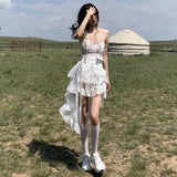 Kukombo  Sexy Dress Summer 2022 Women's New Korean Lace Double Ring Belt Irregular Suspenders Slimp A-line Dress