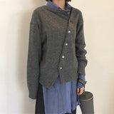Kukombo Khaki Cardigan for Women Sweater Irregular Knitted Oblique Single Breasted 2024 Spring Clothes Grey Casual Fashion New