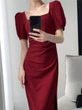 Kukombo Women Summer New Elegant Bodycon French Midi Dress Short Sleeve Slim Vintage Party Vestidos Femme Fashion Solid Clothes Robe