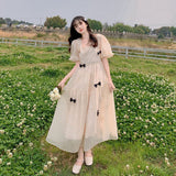 Kukombo Hstar French Square Neck Puff Sleeve Dress Women Mesh Bow Loose Long Summer New Purple Dresses Female Traf Платье Женское Robe