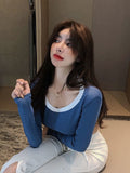 Kukombo Spring Autumn Korean Women's Fashionable Sexy Round Neck Open Belly Long Sleeve T-Shirt Slim Contrast And Patchwork Harajuku Top