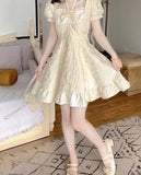 Kukombo 2022 Summer Casual Sweet Party Fairy Dress Women Bow Yellow Floral Elegant Vintage Dress Female Puff Sleeve Retro Princess Dress