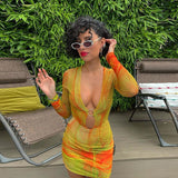 Cyber Monday Sales Tie Dye Long Sleeve Print Deep V Neck Hollow Out Bodycon Mini Dress Women Sexy Party Club Outfits Dresses For Women Boho Dress