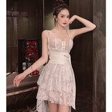 Kukombo  Sexy Dress Summer 2022 Women's New Korean Lace Double Ring Belt Irregular Suspenders Slimp A-line Dress